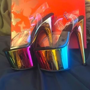 Pleaser Heels Rainbow Chrome Sandals 7” Size 5